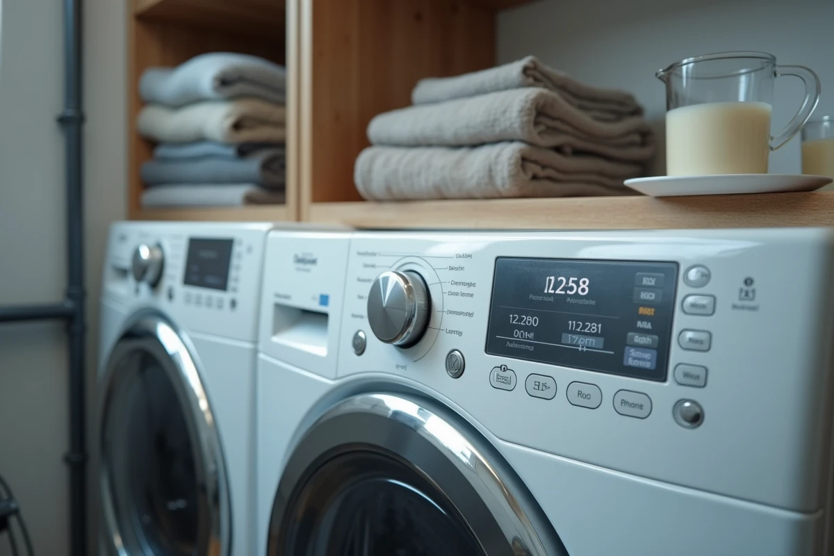 Panneau de commande d'un lave-linge séchant affichant la consommation d'eau d'un cycle combiné