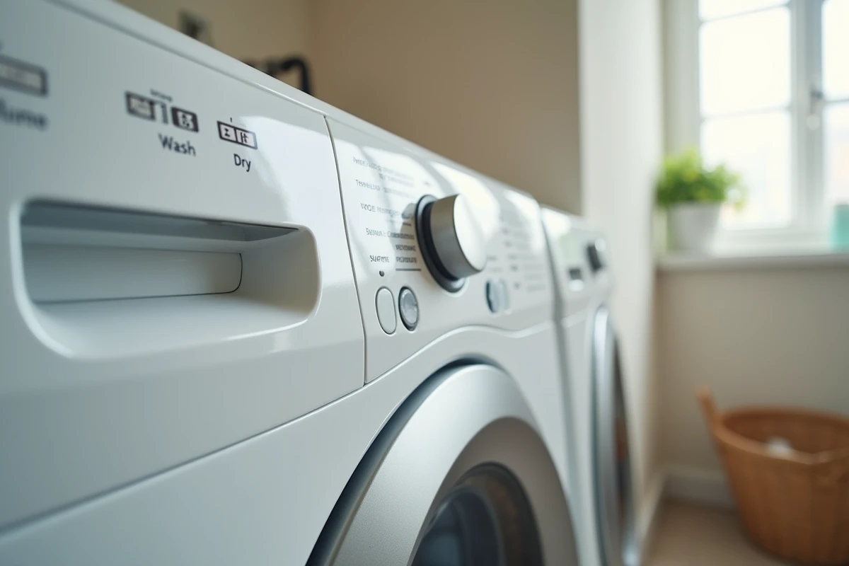 Gros plan sur le panneau de commande numérique d'une machine à laver avec sèche-linge intégré