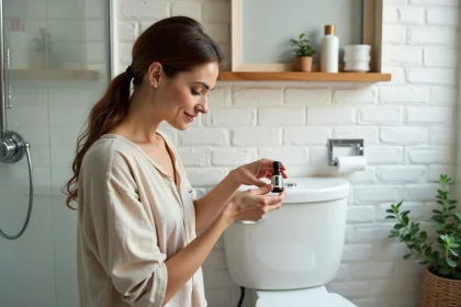Femme ajoutant des gouttes d'huile essentielle dans le réservoir de la chasse d'eau pour parfumer les toilettes