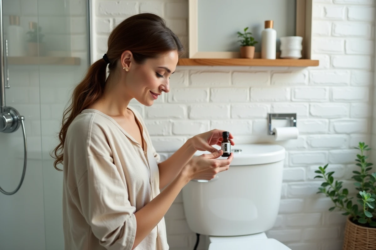 Femme ajoutant des gouttes d'huile essentielle dans le réservoir de la chasse d'eau pour parfumer les toilettes