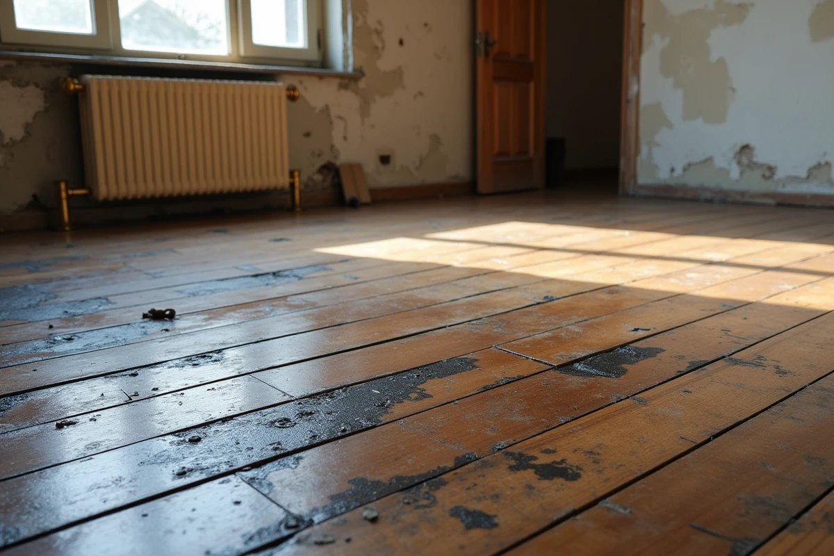 Vue d'ensemble d'un plancher parquet noirci avec traces d'humidité et dégâts des eaux dans un salon en rénovation
