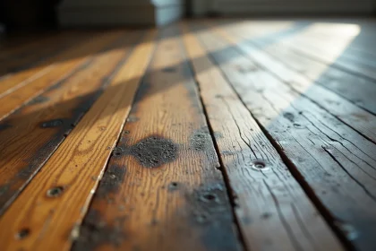 Parquet en chêne noirci avec taches sombres et décoloration visible entre les lames, diagnostic de parquet abîmé