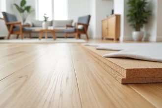 Gros plan sur un parquet en chêne clair avec sous-couche acoustique visible, idéal pour réduire les bruits de pas