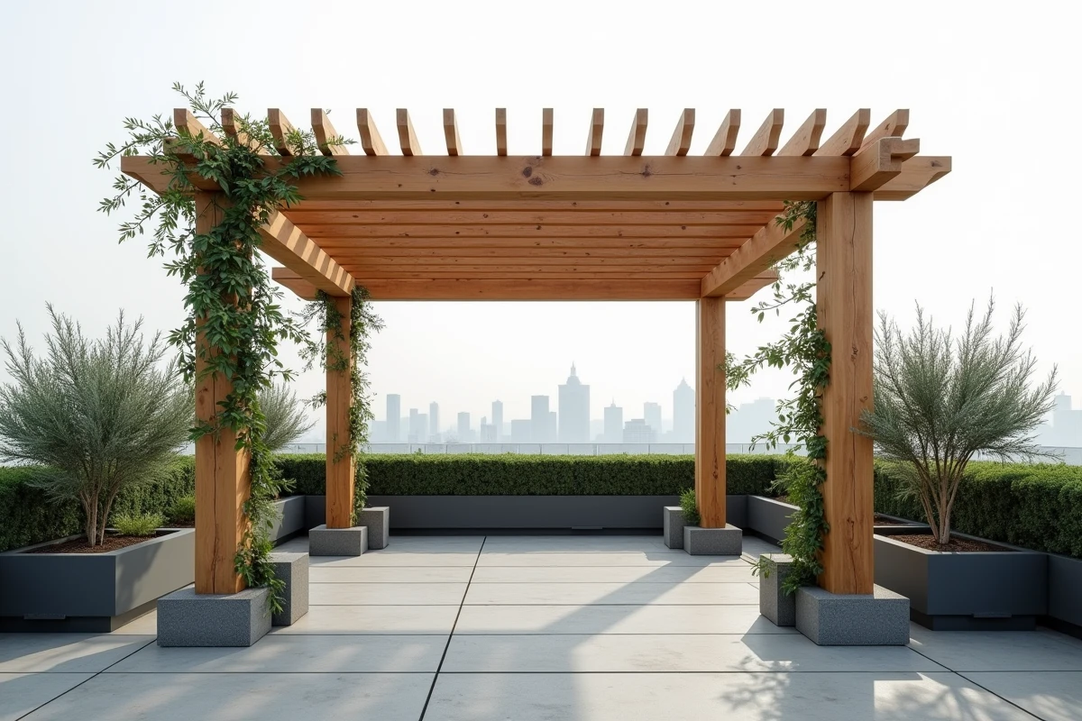 Pergola en bois Douglas autoportante posée sur plots réglables en acier sans fondations bétonnées sur terrasse urbaine