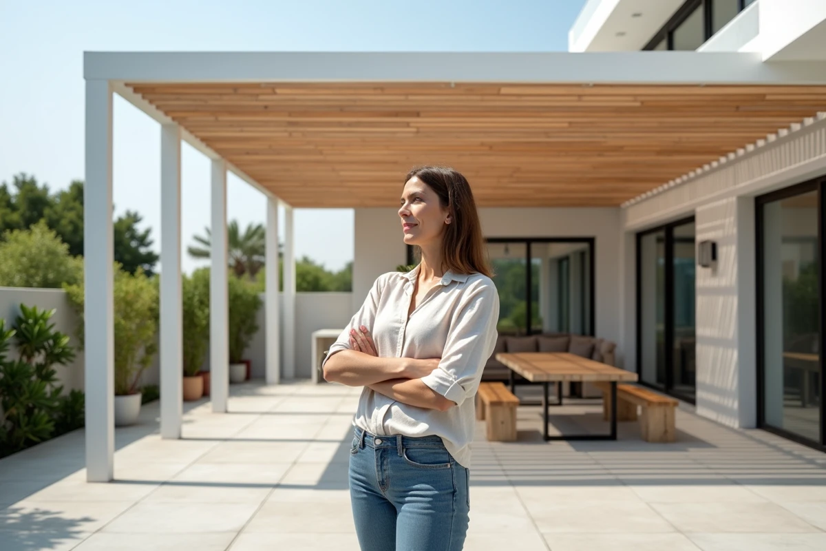 Pergola moderne installée sur une terrasse en béton avec poteaux en aluminium, vue d'ensemble de la structure fixée