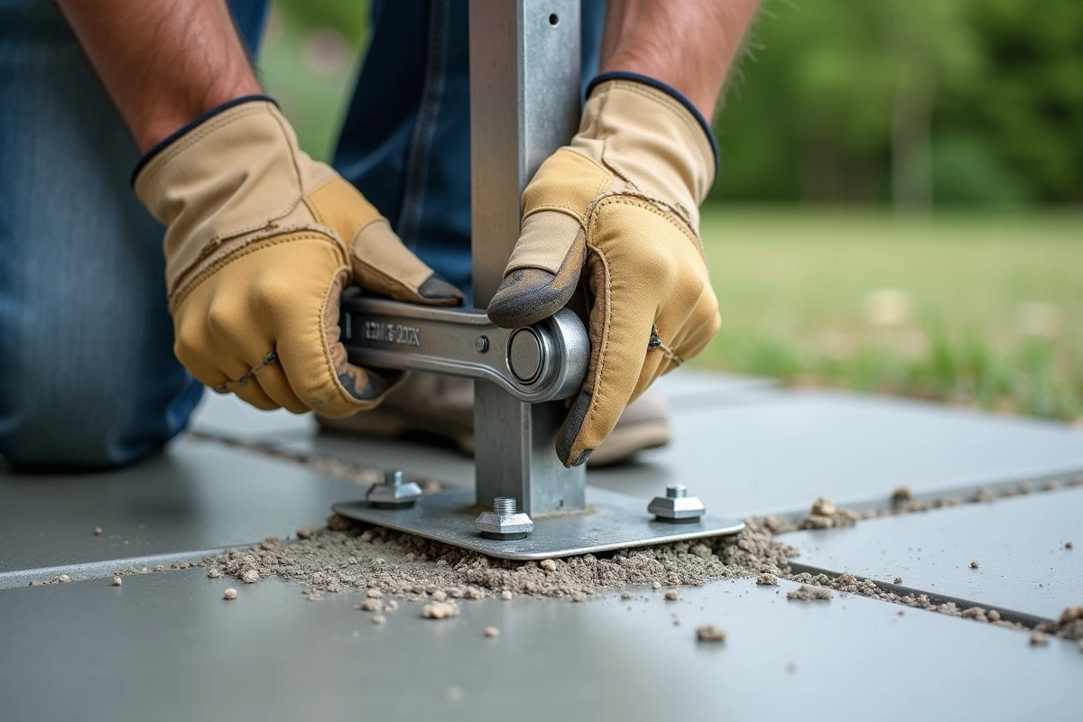 Gros plan sur la fixation d'un pied de pergola en acier galvanisé sur une terrasse en béton avec clé et boulon