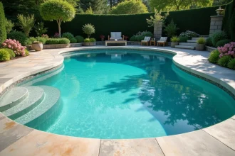 Piscine en béton gunite avec margelles en pierre naturelle et jardin luxuriant autour