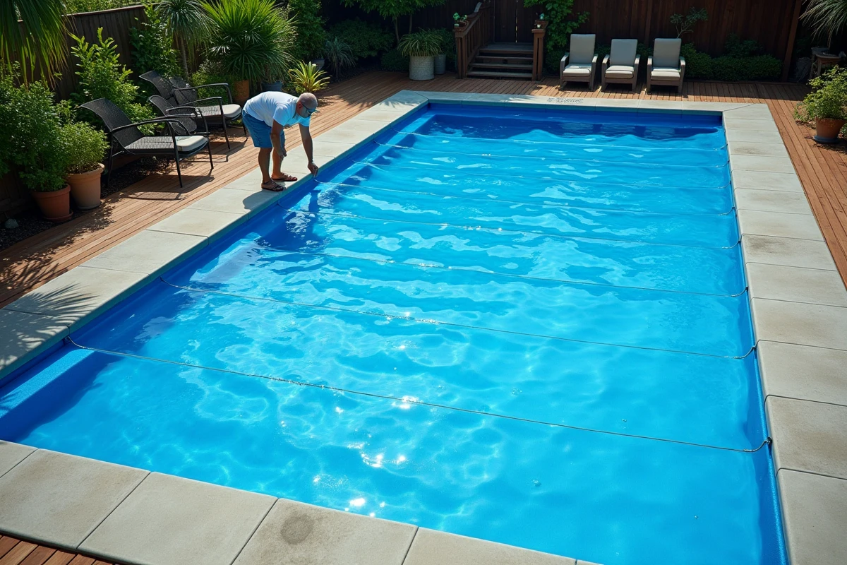 Vue large d'une piscine entièrement recouverte d'une bâche solaire à bulles dans un jardin aménagé
