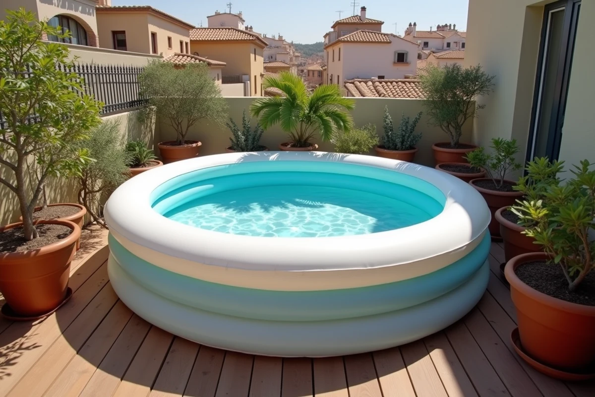 Petite piscine gonflable sur une terrasse urbaine, exemple de piscine sans déclaration fiscale pour appartement ou maison en ville