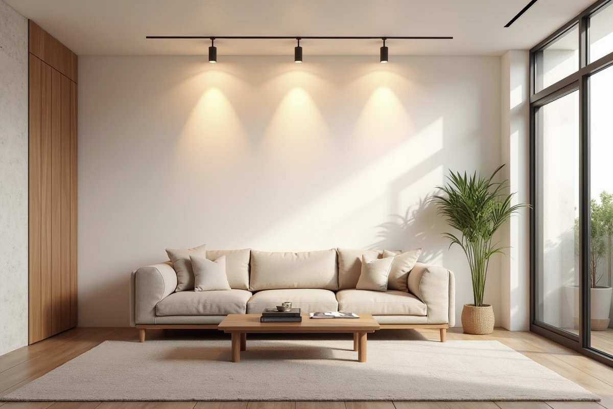 Salon moderne avec spots encastrés au plafond disposés en grille au-dessus d'un canapé beige