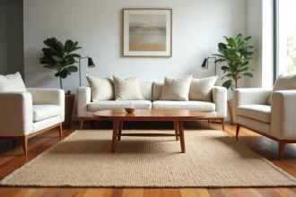 Salon contemporain avec tapis en jute centré sous la table basse et pattes de canapé posées sur le tapis