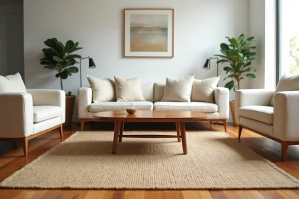 Salon contemporain avec tapis en jute centré sous la table basse et pattes de canapé posées sur le tapis