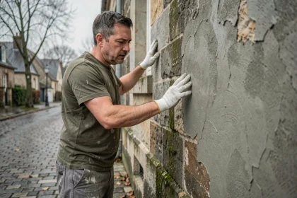 Plâtrier inspectant un mur extérieur humide avant application d'enduit par temps couvert