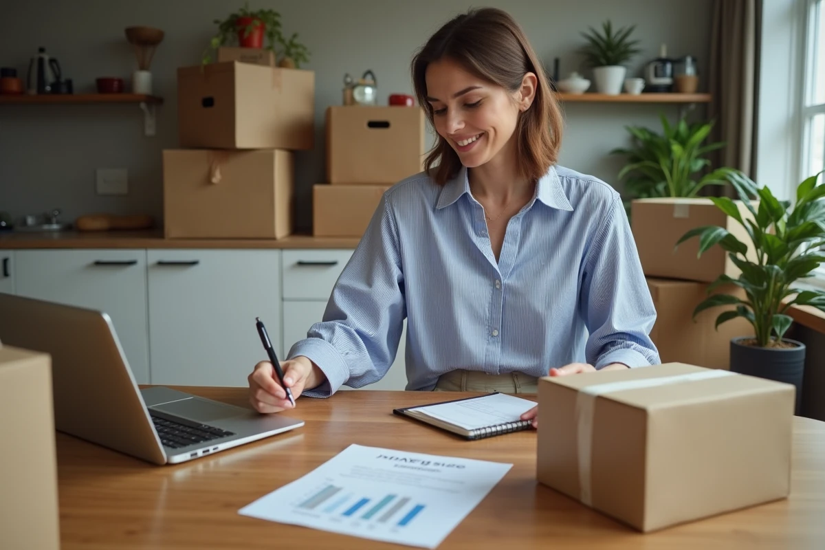 Femme planifiant le volume de déménagement avec des cartons et un ordinateur portable sur une table de cuisine