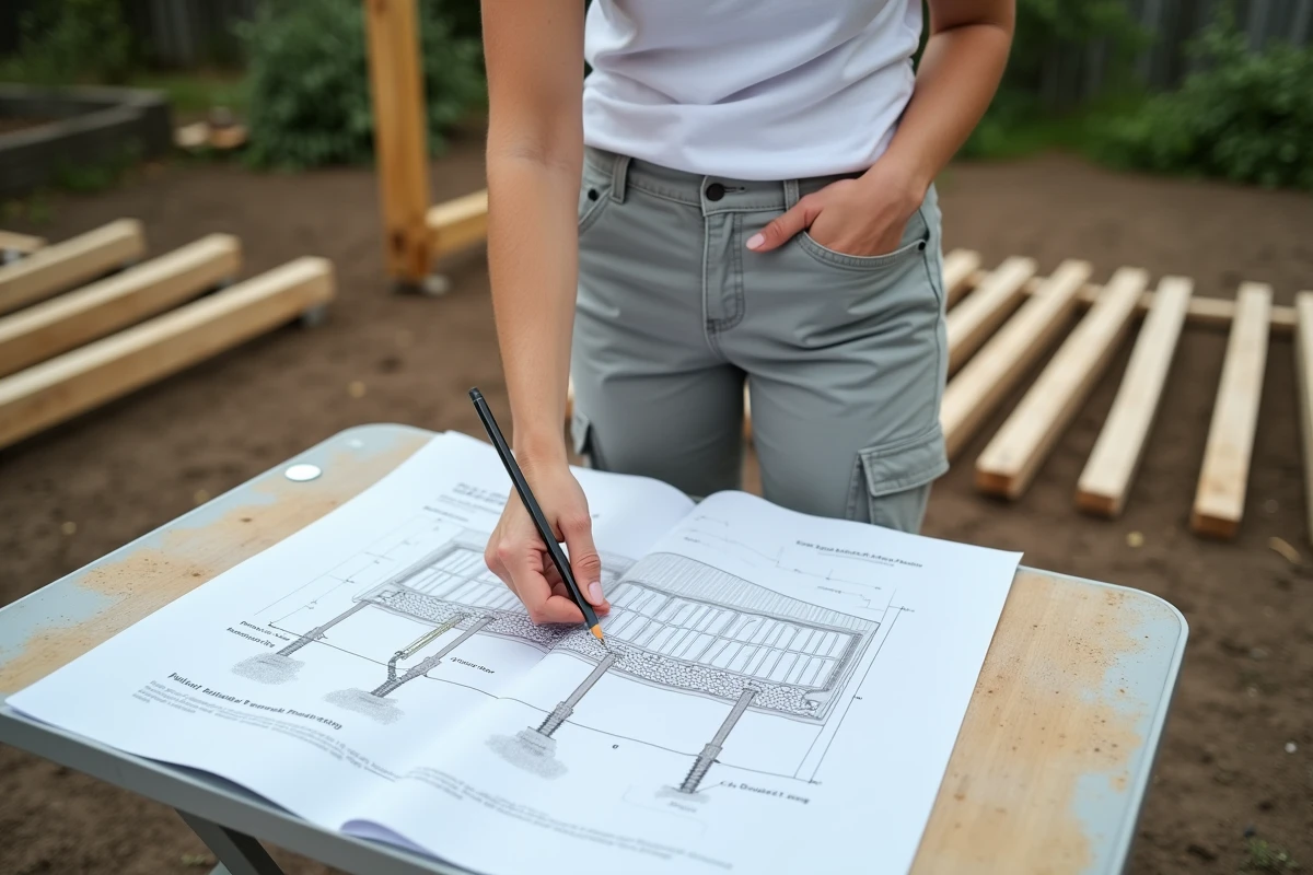 Femme consultant des plans techniques pour l'installation d'une pergola sur vis hélicoïdales sans couler de béton
