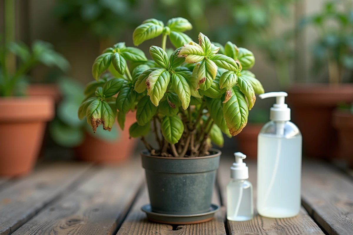 Plant de basilic aux feuilles jaunies et abîmées après application de vinaigre blanc