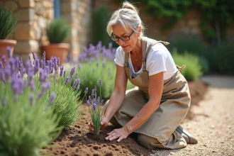 Femme plantant de la lavande dans un jardin provençal avec des murs en pierre sèche