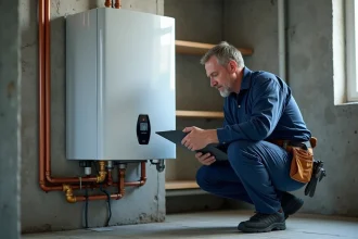 Plombier inspectant un chauffe-eau électrique dans une chaufferie résidentielle