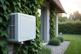 Pompe à chaleur installée sur la façade extérieure d'une maison écologique avec végétation grimpante