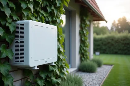 Pompe à chaleur installée sur la façade extérieure d'une maison écologique avec végétation grimpante