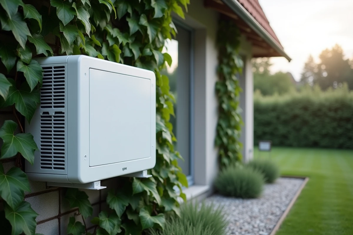 Pompe à chaleur installée sur la façade extérieure d'une maison écologique avec végétation grimpante