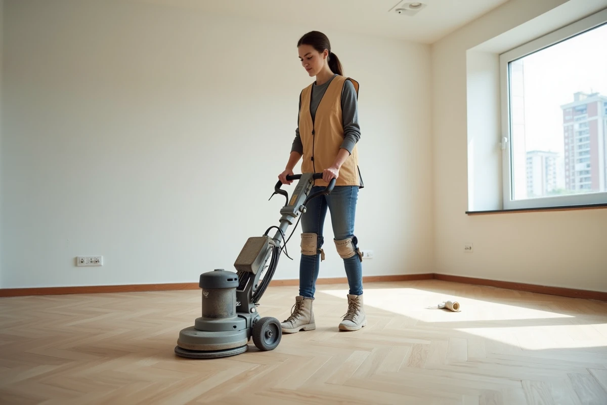 Entrepreneuse en rénovation utilisant une ponceuse électrique pour niveler un parquet en bois dans un appartement vide