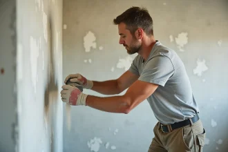 Homme ponçant un mur peint à la main avec un bloc abrasif à grain moyen lors d'une rénovation intérieure
