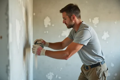 Homme ponçant un mur peint à la main avec un bloc abrasif à grain moyen lors d'une rénovation intérieure