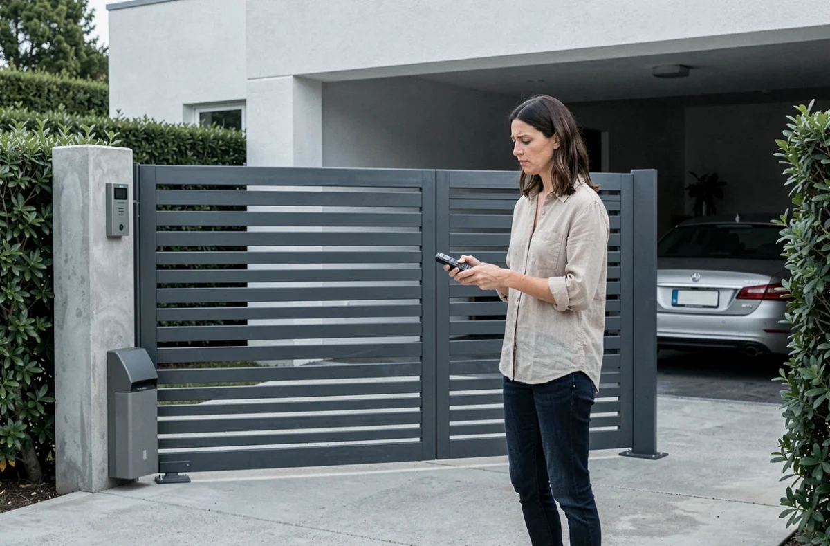 Femme devant un portail coulissant électrique bloqué à mi-course tenant une télécommande avec une expression perplexe