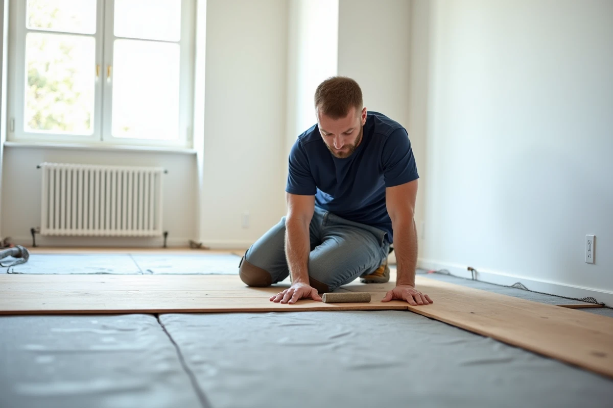 Installateur posant un parquet flottant avec sous-couche phonique pour réduire les nuisances sonores
