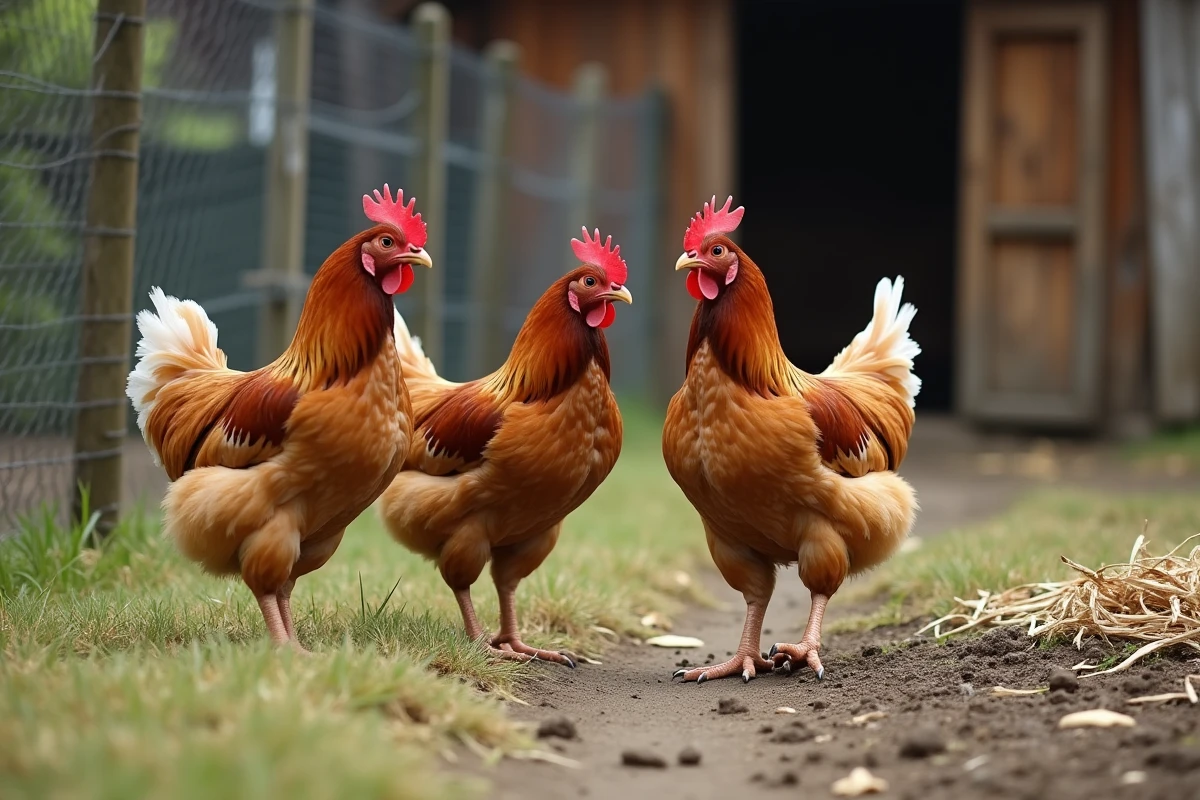 Poules en liberté dans un poulailler avec des zones d'herbe dégradée et jaurie au sol