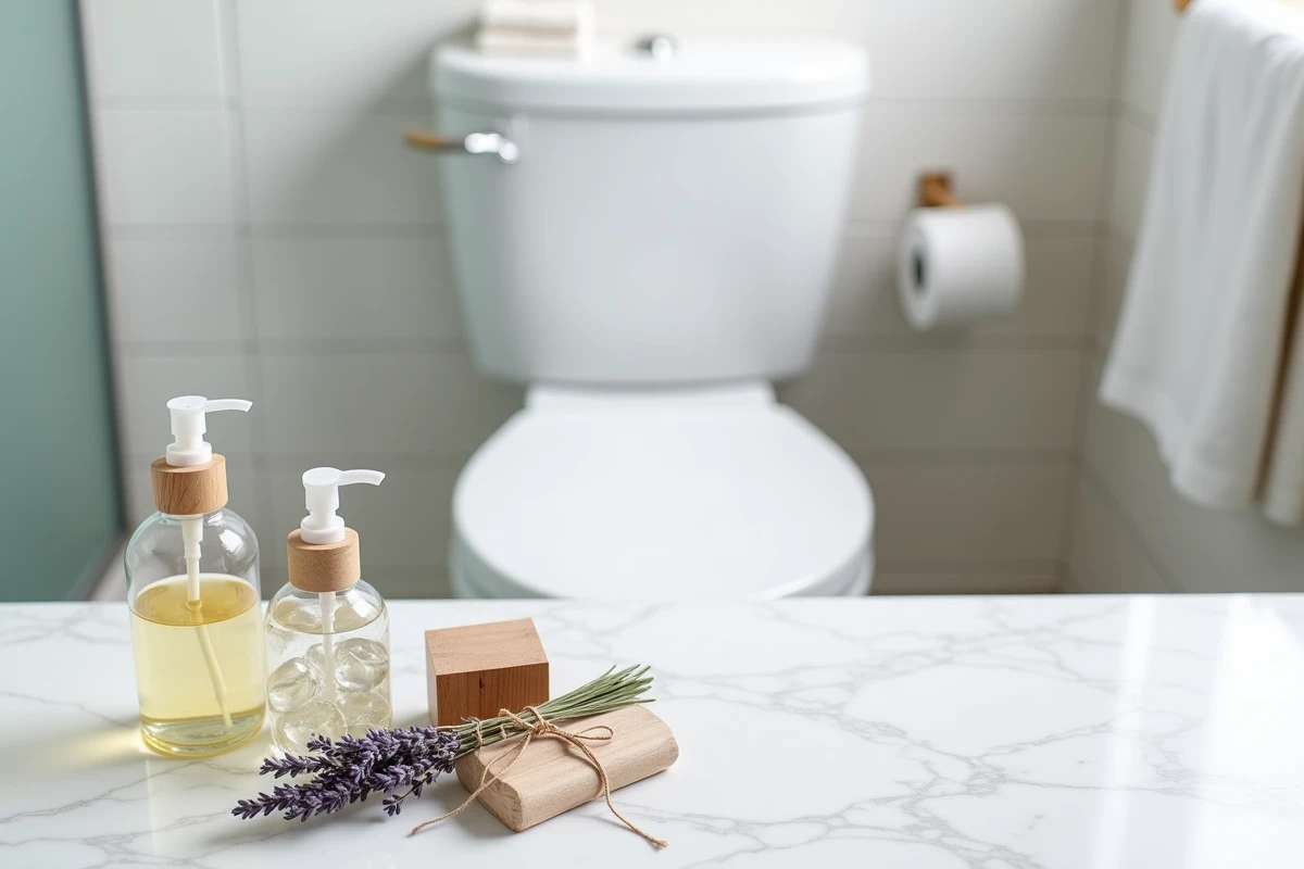 Produits naturels pour parfumer les toilettes posés sur un plan de travail en marbre : huiles essentielles, lavande séchée et perles de gel
