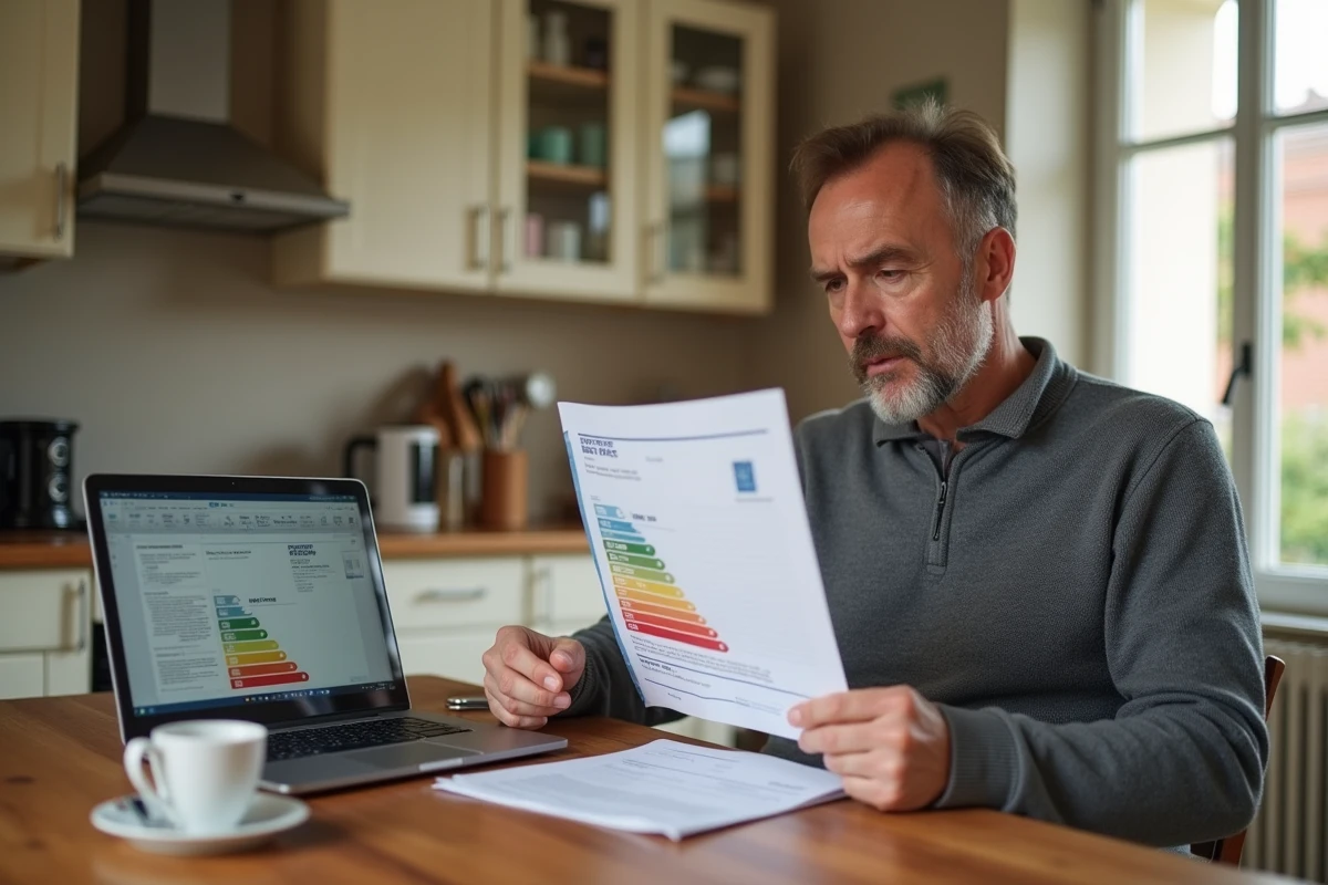 Propriétaire consultant son diagnostic de performance énergétique DPE à la maison avant rénovation