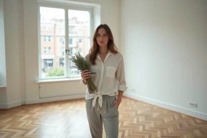 Femme tenant un bouquet de sauge séchée pour purifier un appartement vide avant emménagement