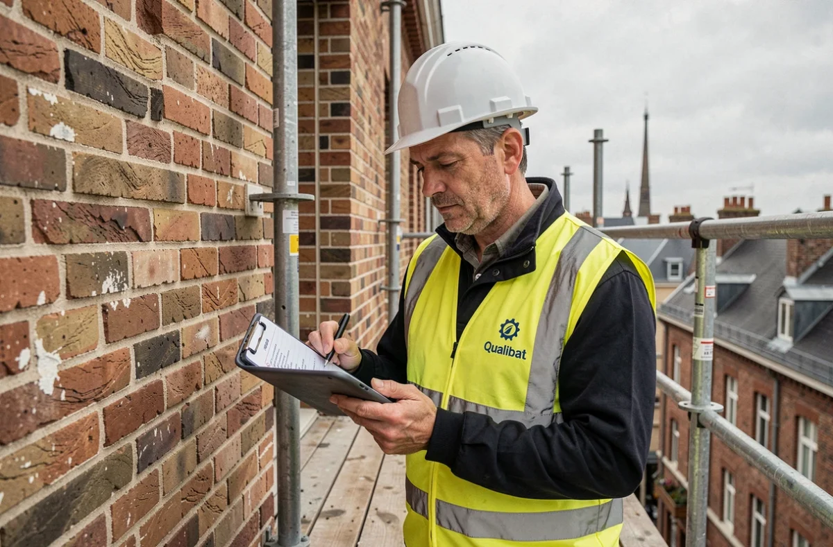 Inspecteur Qualibat vérifiant la conformité des travaux de maçonnerie sur un immeuble lillois avec une tablette