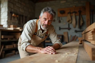 Artisan évaluant la surface d'une planche en chêne poncée dans un atelier de menuiserie traditionnel