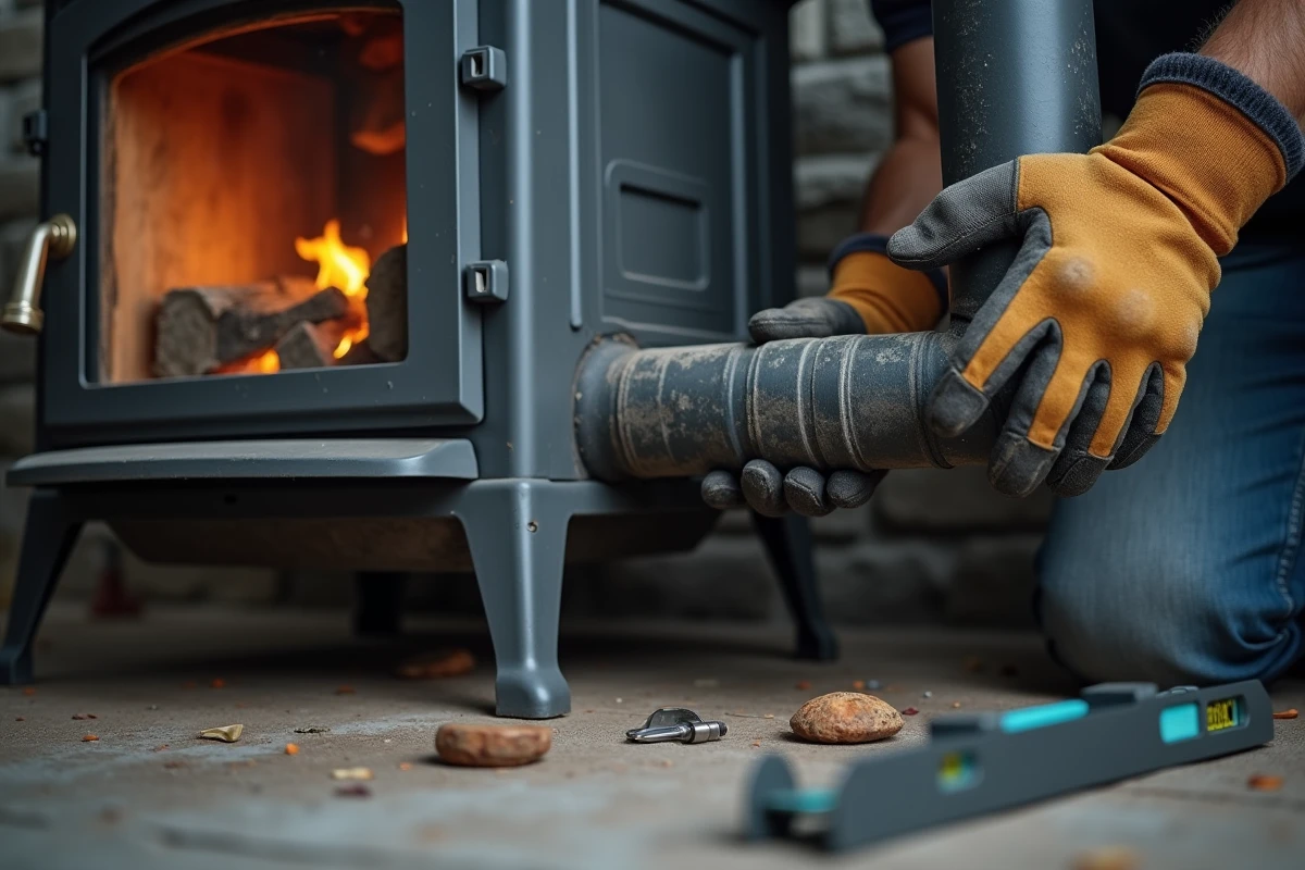 Gros plan sur la connexion d'un tuyau de fumée à un poêle à bois lors d'une installation DIY