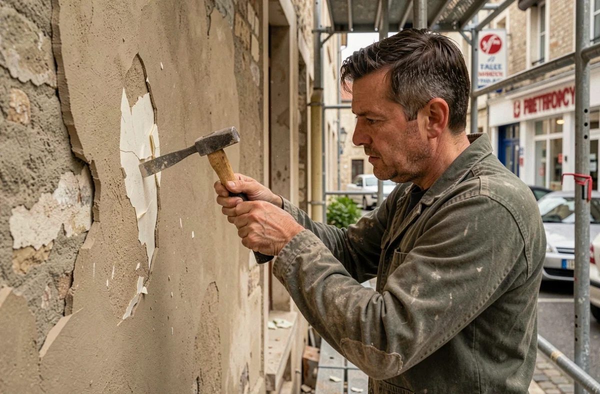 Technicien de Rançon Rénov préparant une façade dégradée pour la rénovation dans l'Oise