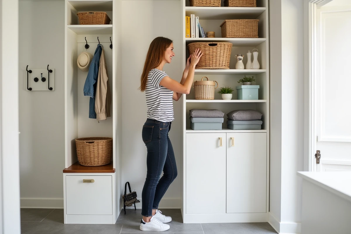 Femme rangeant un panier dans une bibliothèque modulaire blanche dans un couloir d'entrée style BUT
