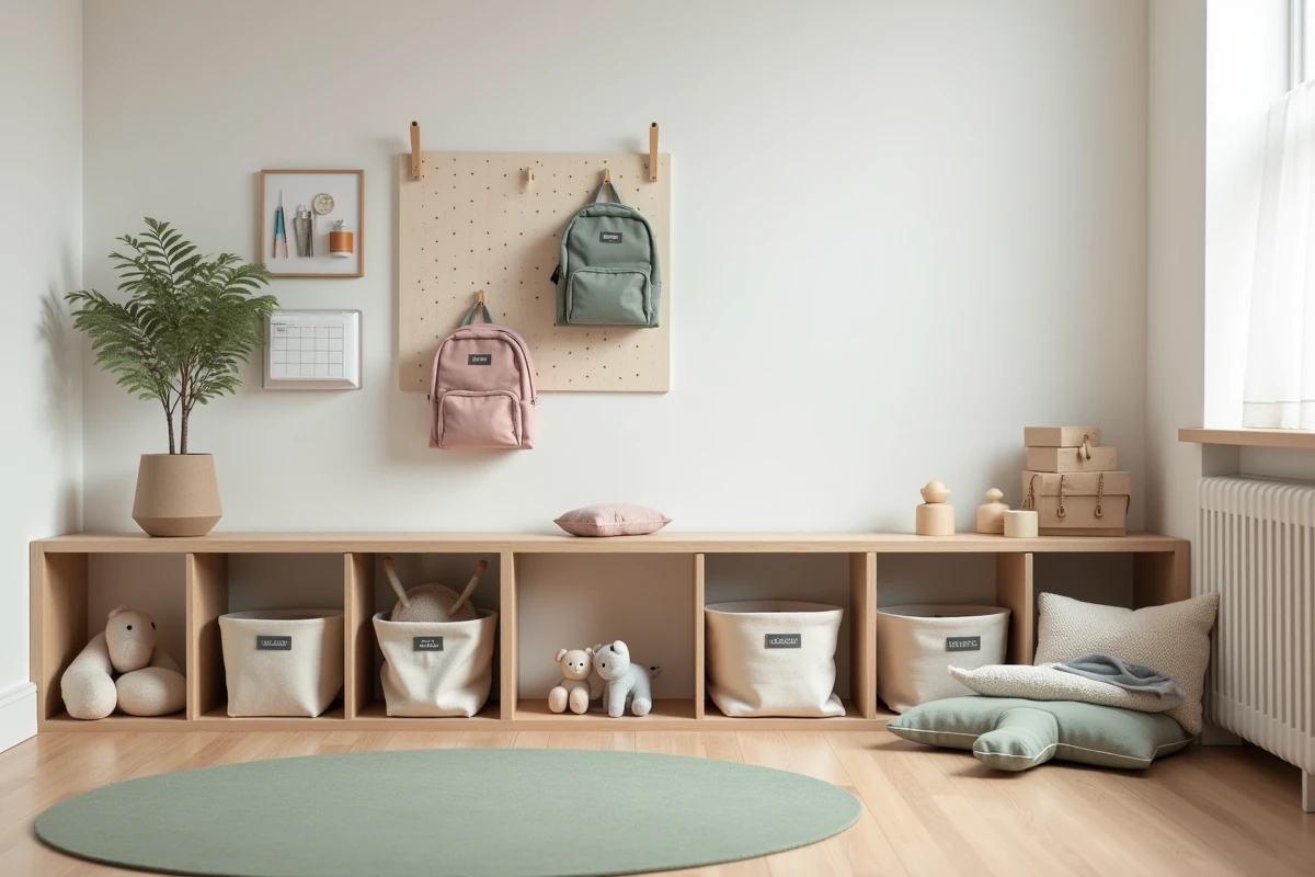 Coin rangement astucieux dans une chambre d'enfant avec étagères basses, bacs étiquetés et tapis de jeu rond