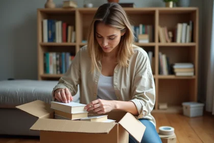Femme rangeant soigneusement des livres dans un carton de déménagement en carton ondulé sur un parquet en bois