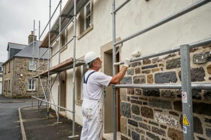 Artisan en train de ravaler la façade d'une maison bretonne en pierre, avec échafaudage et enduit frais en Ille-et-Vilaine