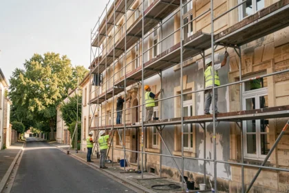 Équipe professionnelle de ravalement de façade travaillant sur un immeuble en pierre dans l'Oise