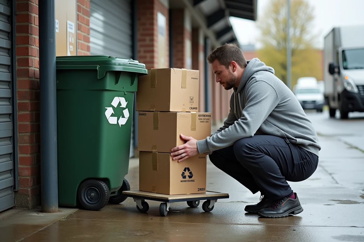 Homme récupérant des cartons usagés devant un supermarché pour un déménagement