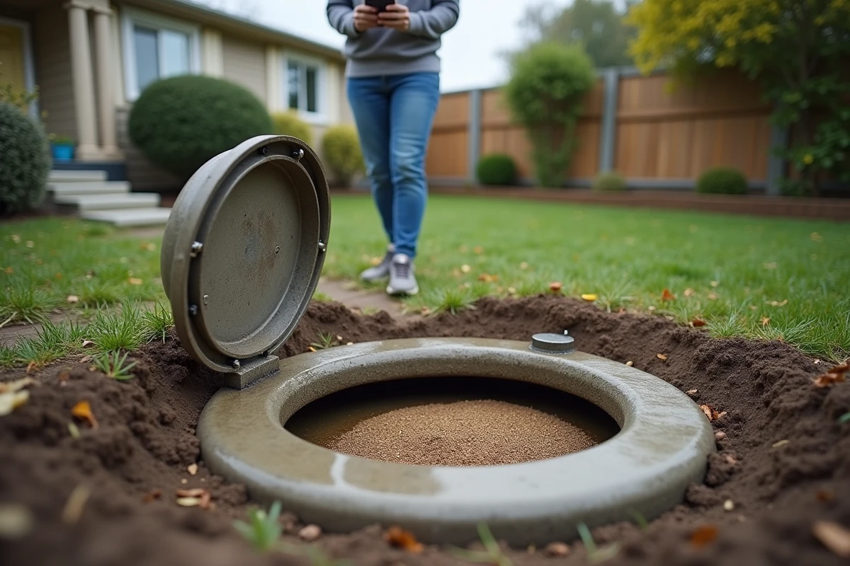 Regard d'inspection ouvert dans un jardin révélant de l'eau chargée de sable, signe d'un problème de refoulement en réseau
