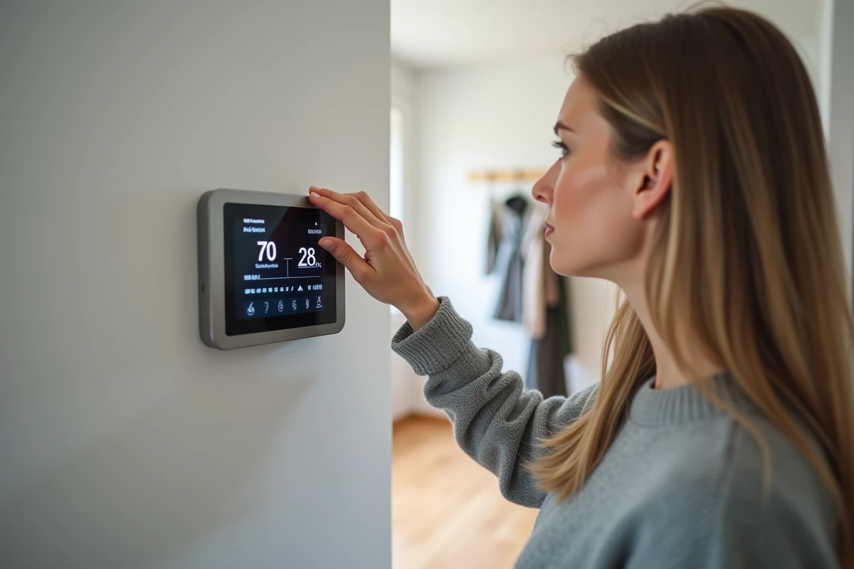 Femme réglant le panneau de commande d'une chaudière thermodynamique dans un couloir résidentiel