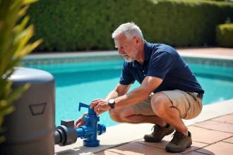Homme adulte réglant la vanne multivoies d'un filtre à sable de piscine résidentielle en plein air