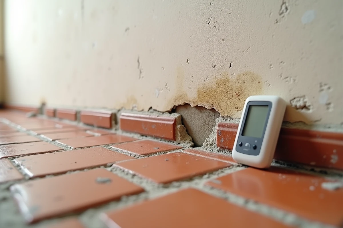 Détail de remontées capillaires d'humidité visibles à la jonction du sol et du mur dans une maison ancienne avec efflorescence et fissures
