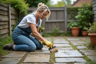 Femme appliquant un produit de rénovation sur un vieux sol de jardin en pierre naturelle