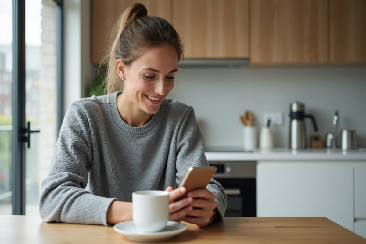 Particulier réservant un électricien en ligne depuis son smartphone dans une cuisine moderne